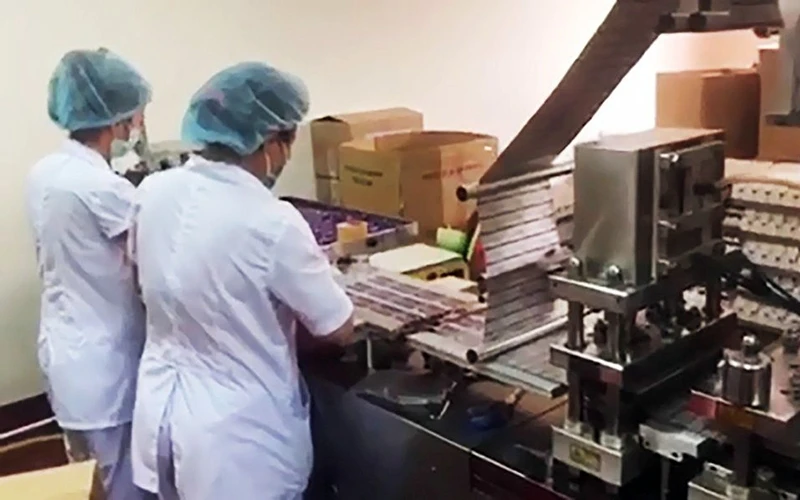 Sản xuất thuốc, thực phẩm chức năng giả tại nhà máy của Công ty Ðông Dược Việt ở huyện Bình Chánh, TP Hồ Chí Minh. Ảnh cắt từ clip