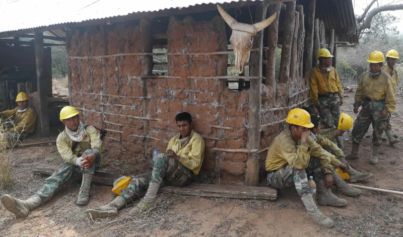 Những người lính cứu hỏa tạm nghỉ sau nỗ lực dập lửa tại rừng Chiquitano, Bolivia (Ảnh: AP)