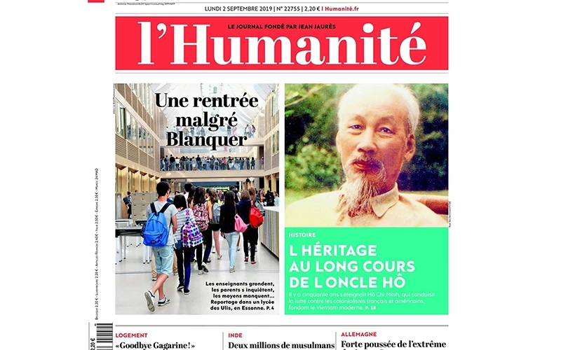 Ảnh Chủ tịch Hồ Chí Minh được đăng trang trọng trên trang nhất của báo L'Humanité, số ra ngày 2-9.