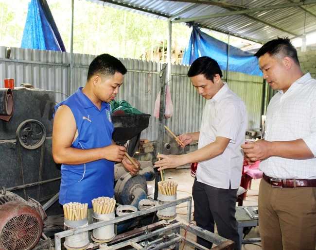 Cán bộ Huyện đoàn Lang Chánh (Thanh Hóa) tham quan mô hình sản xuất ống hút bằng nứa tép ở xã Tân Phúc.