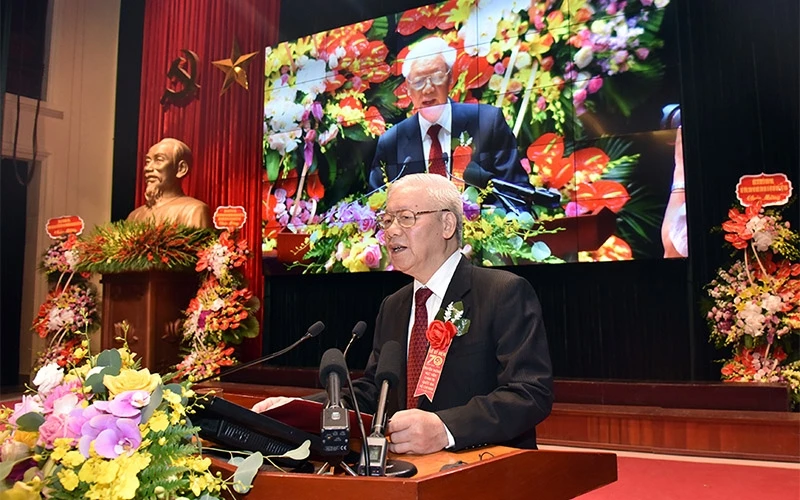Tổng Bí thư, Chủ tịch nước Nguyễn Phú Trọng phát biểu ý kiến tại lễ kỷ niệm. (ẢNH: DUY LINH)