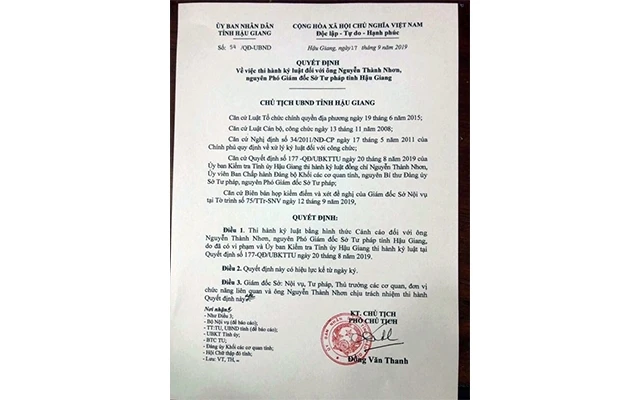 Cảnh cáo ông Nguyễn Thành Nhơn, nguyên Phó Giám đốc Sở Tư pháp Hậu Giang 