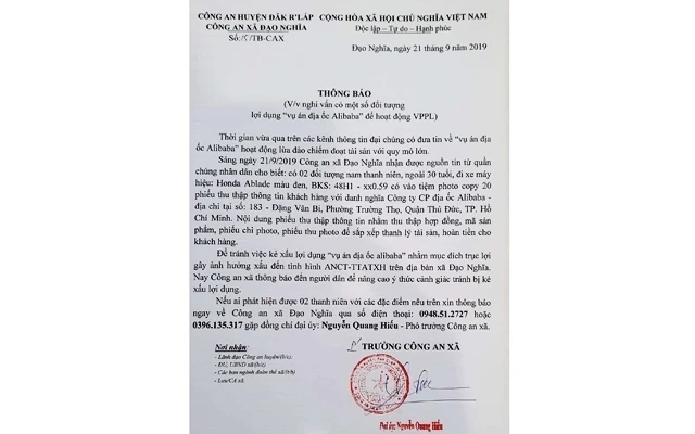 Thông báo của Công an xã Đạo Nghĩa, huyện Đác R’lấp, tỉnh Đác Nông về nghi vấn một số đối tượng lợi dụng vụ án Công ty địa ốc Alibaba để hoạt động vi phạm pháp luật.