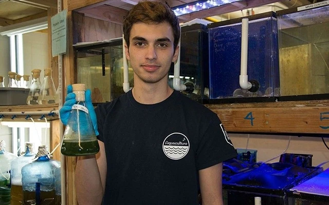 Kaya Aras giữ trên tay loại tảo mà anh và các học sinh khác nuôi để sinh sản hàu trong phòng thí nghiệm trường.