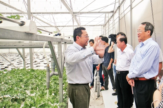 Khách tham quan mô hình trình diễn nông nghiệp công nghệ cao tại Công viên phần mềm Quang Trung.