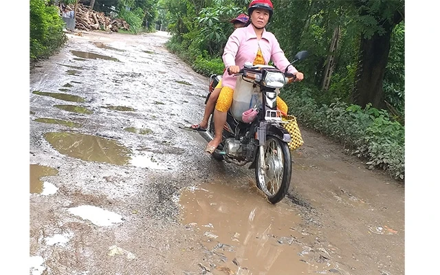 Đoạn đường năm xã Cù lao Tây huyện Thanh Bình bị hư hỏng nặng với vô số ổ gà, ổ voi.