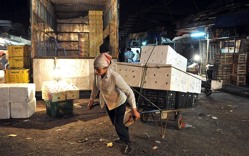 Lao động nữ ở nông thôn lên Hà Nội làm việc bốc vác hàng hóa tại chợ Long Biên. Ảnh: ÐĂNG KHOA