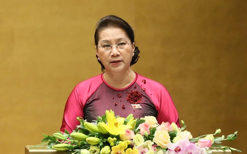 Chủ tịch Quốc hội Nguyễn Thị Kim Ngân phát biểu khai mạc kỳ họp thứ tám, Quốc hội khóa XIV, sáng 21-10. Ảnh: CHƯƠNG LINH.