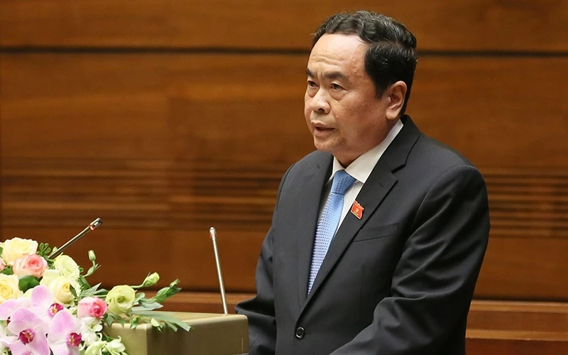 Chủ tịch Ủy ban Trung ương Mặt trận Tổ quốc Việt Nam Trần Thanh Mẫn trình bày báo cáo tổng hợp ý kiến, kiến nghị của cử tri và nhân dân gửi đến kỳ họp thứ 8, Quốc hội khóa XIV. (Ảnh: CHƯƠNG LINH)