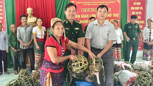 Bộ đội Biên phòng Nghệ An tặng lợn giống cho bà con dân tộc thiểu số để phát triển kinh tế, sớm thoát nghèo.