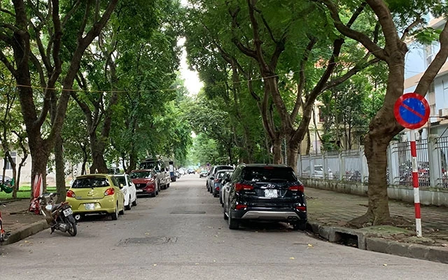 Xe ô-tô đỗ kín bên đường tại Khu đô thị Linh Đàm, quận Hoàng Mai, Hà Nội.