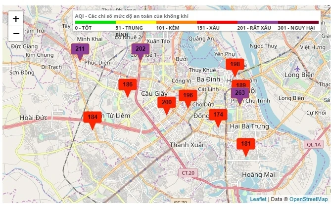  9 giờ sáng 12-11, Cổng quan trắc Môi trường Hà Nội ghi nhận tất cả các địa điểm đo đều ô nhiễm không khí ở mức đỏ và tím.