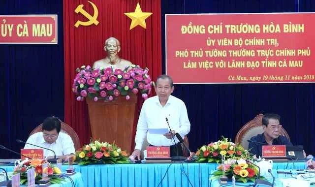 Phó Thủ tướng Thường trực Trương Hòa Bình phát biểu tại buổi làm việc với lãnh đạo tỉnh Cà Mau.