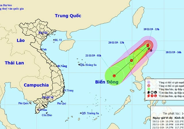 Vị trí và hướng di chuyển của bão Kalmaegi. (Nguồn: nchmf.gov.vn)