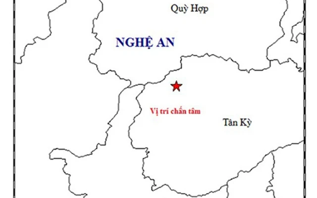 Bản đồ tâm chấn động đất xảy ra tại Nghệ An. Ảnh: Viện Vật lý Địa cầu