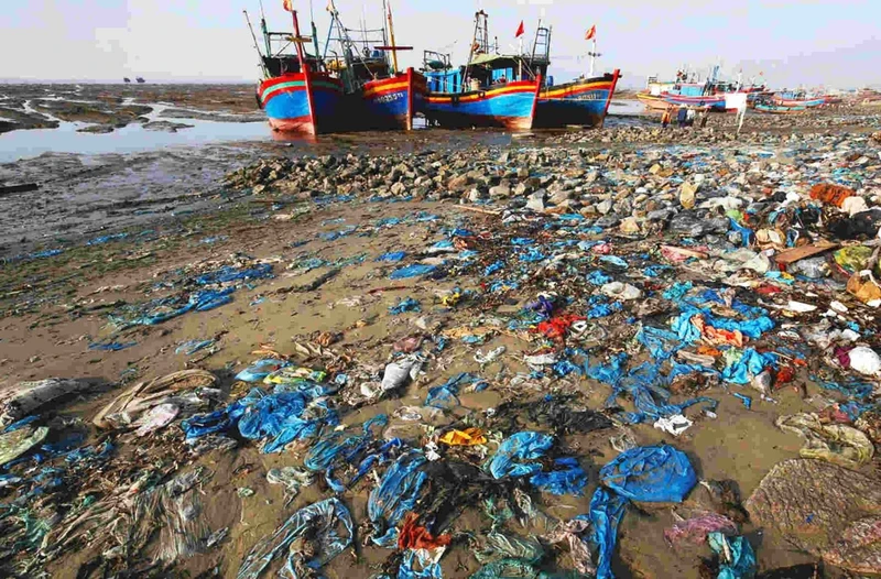 Rác thải nhựa tàn ngập trên một bãi biển ở Thanh Hóa. Ảnh: Reuters