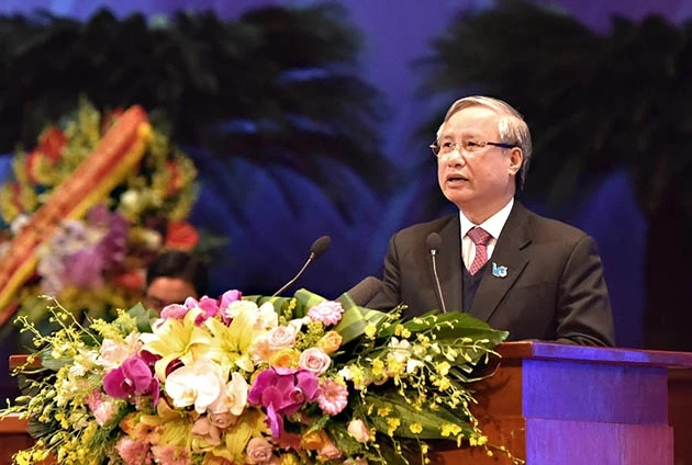 Đồng chí Trần Quốc Vượng, Ủy viên Bộ Chính trị, Thường trực Ban Bí thư T.Ư Đảng phát biểu ý kiến tại Đại hội.