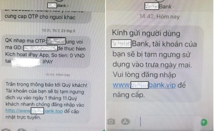 Hình ảnh một ngân hàng bị các đối tượng hack gửi tin nhắn Brand Name.