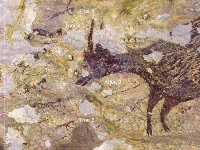 Một cảnh trong bức tranh hang động là các thợ săn đối đầu với một con trâu hoang bằng dây thừng và giáo mác. Ảnh: Nature.