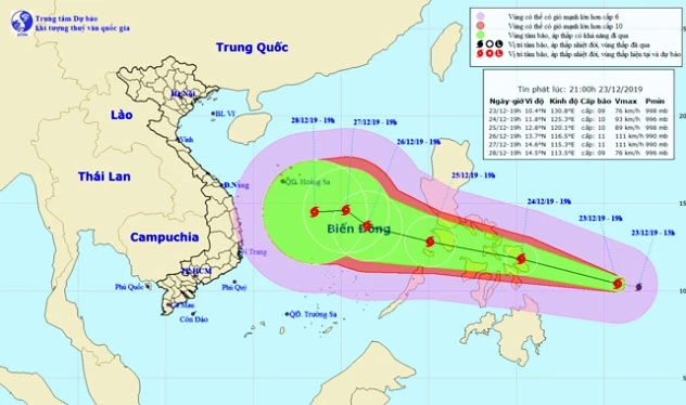 Vị trí và hướng di chuyển của bão Phanfone. (Nguồn: nchmf.gov.vn)
