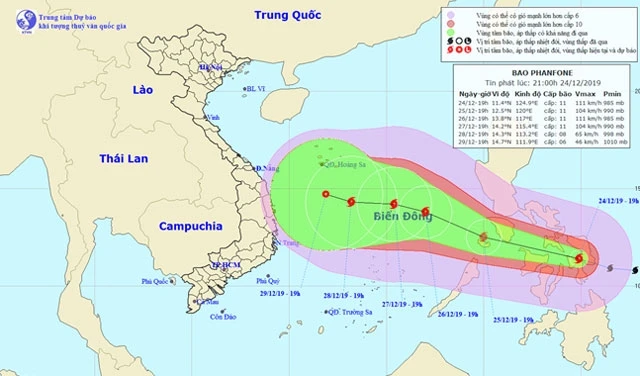 Vị trí và hướng di chuyển của bão Phanfone. (Nguồn: nchmf.gov.vn)