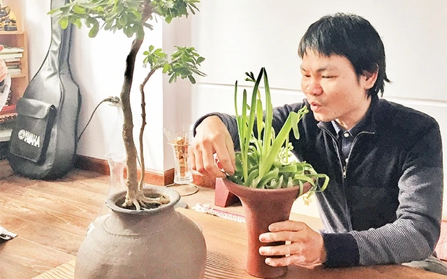 Anh Nguyễn Việt Bắc chăm sóc chậu hoa thủy tiên.