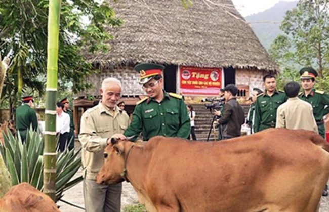 Đại diện Bộ Chỉ huy Quân sự TP Đà Nẵng tặng bò giống cho người dân nghèo ở xã Hòa Bắc, huyện Hòa Vang.