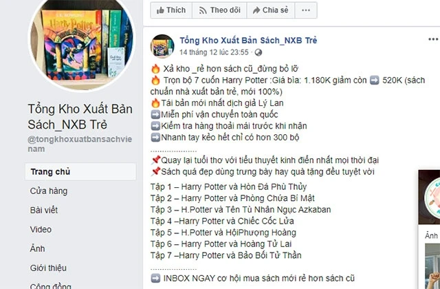 Bộ sách "Harry Potter" của NXB Trẻ được rao bán rất nhiều trên mạng, thực tế là phiên bản này không được xuất bản nữa.