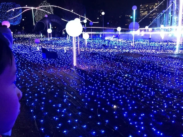 Học sinh Nhật Bản có kỳ nghỉ khoảng hai tuần để đón năm mới. Trong ảnh: Một em nhỏ đang chăm chú theo dõi cảnh chiếu đèn ở Tokyo Midtown