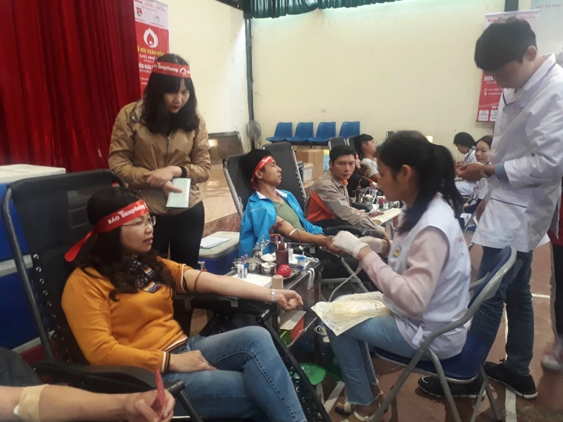 Các đoàn viên thanh niên TP Lạng Sơn, hăng hái tham gia hiến máu tình nguyện.