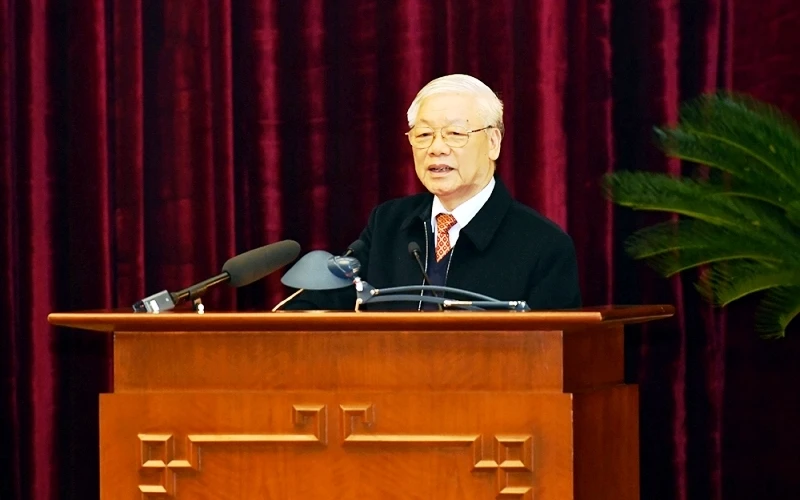 Tổng Bí thư, Chủ tịch nước Nguyễn Phú Trọng phát biểu ý kiến tại hội nghị.