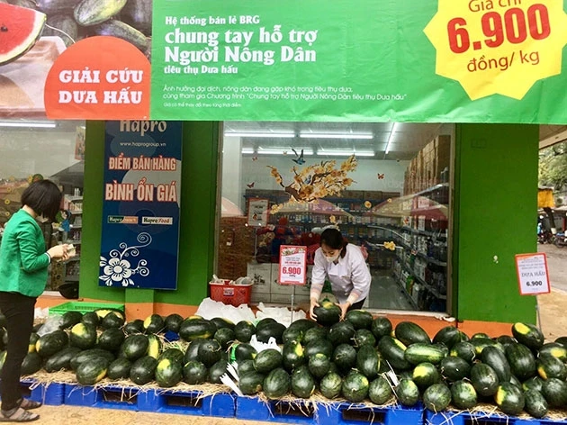 Dưa hấu được bày bán tại siêu thị Hapromart Thành Công (Hà Nội).