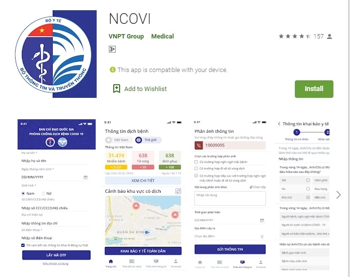 Giao diện của ứng dụng NCOVI trên kho ứng dụng của Google.