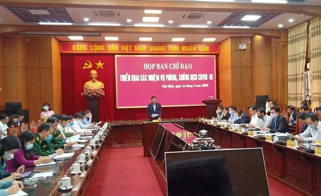 Buổi họp của Ban Chỉ đạo phòng, chống dịch Covid-19 tỉnh Thái Bình, chiều 16-3.