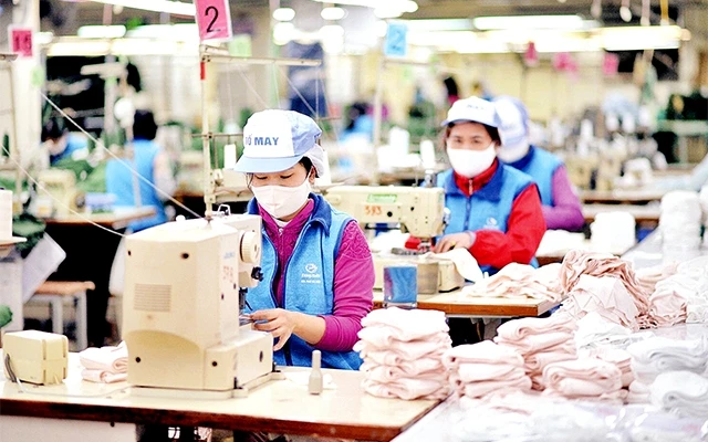 Sản xuất khẩu trang vải kháng khuẩn tại Công ty Dệt kim Ðông Xuân. Ảnh: Mai Phương