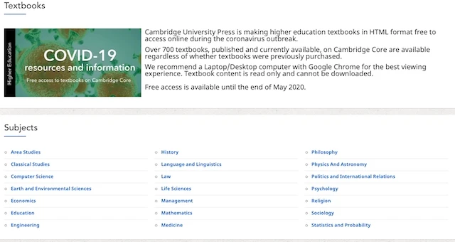 Kho học liệu của Đại học Cambridge ở nhiều lĩnh vực phong phú được mở miễn phí trong thời điểm có dịch Covid-19 (Ảnh chụp màn hình)