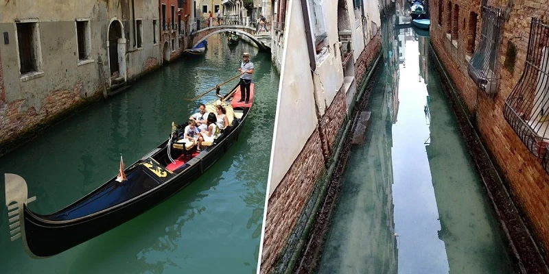 Khách du lịch trên kênh đào Venice năm 2013 (trái). Nước trong các kênh đào của Venice trong hơn khi không có thuyền vào đầu tháng 3 (phải). Ảnh: Getty Image. 