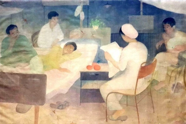 Tác phẩm "Đọc báo cho thương binh nghe" của họa sĩ Trần Hữu Tê, sáng tác năm 1975.