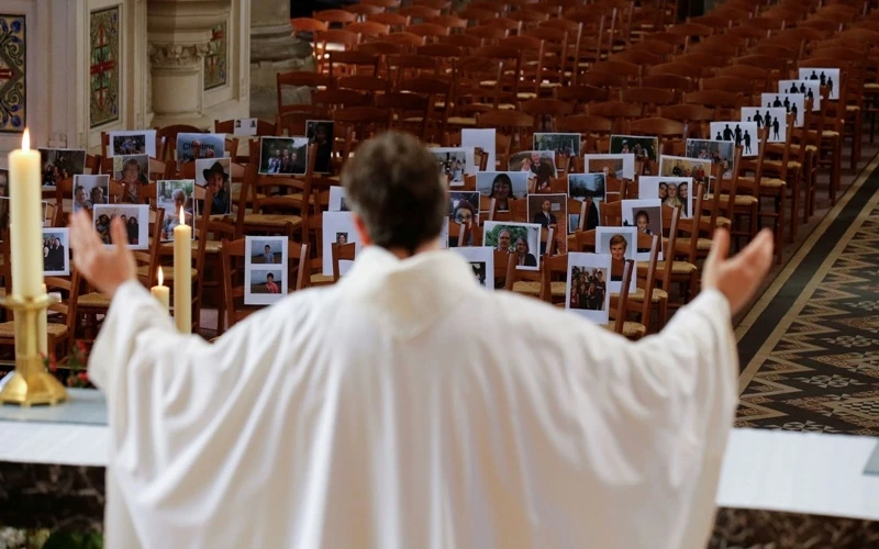 Thánh lễ vẫn diễn ra trong nhà thờ ở Bethune, Pháp, ngày 12-4, với chân dung của các giáo dân được đặt trên ghế. (Ảnh: Reuters)
