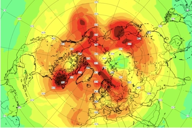Không khí giàu ozone (màu đỏ) tràn ngập bầu khí quyển ở Bắc Cực vào ngày 23-4, đóng lỗ thủng tầng ozone lớn nhất từng được phát hiện ở Bắc Cực.